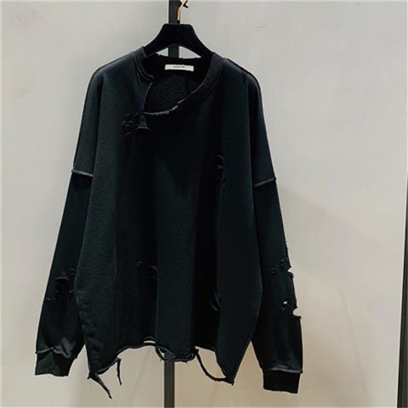 Korean Loose Pullover Shirts Women New Ripped Hole BF Loose Round Neck Long Sleeve Mid Length Top Casual Hoodie 210302