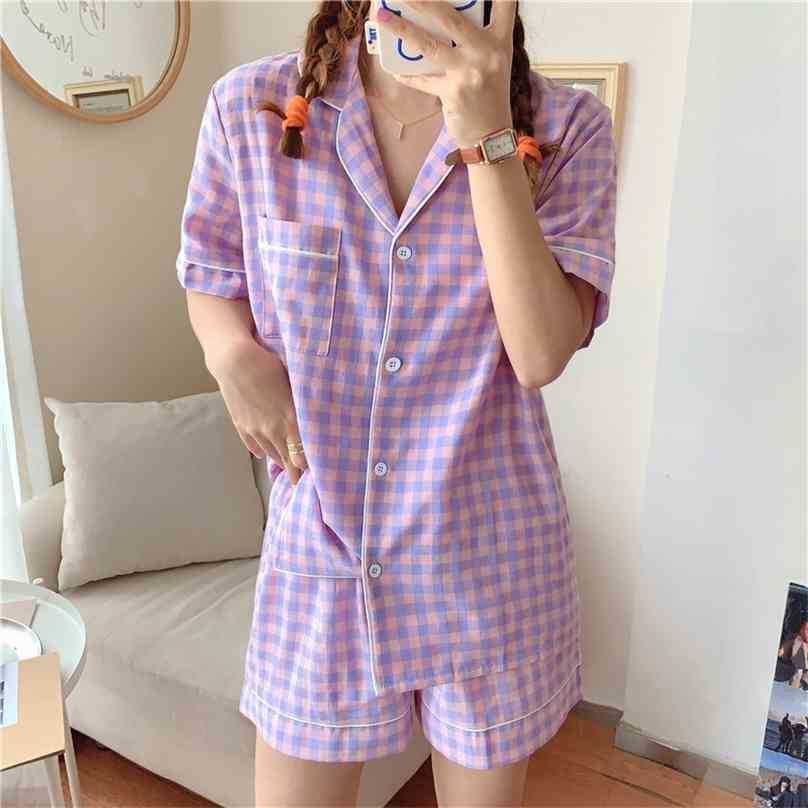 Summer Casual Sweet Cotton Pajamas Cardigans Two Piece Suits Soft Plaid Sleepwear Women Home Chic Loose Sets 210525, Purple
Summer Casual Sweet Cotton Pajamas Cardigans Two Piece Suits Soft Plaid Sleepwear Women Home Chic Loose Sets 210525, Purple