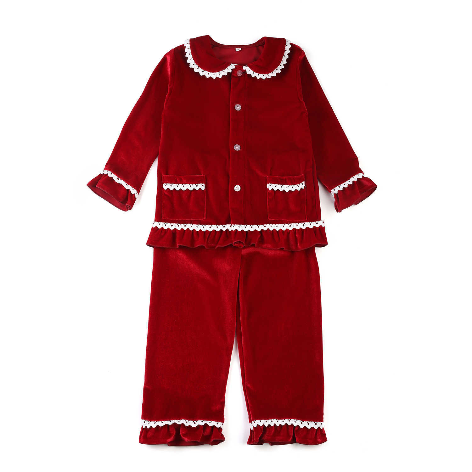 Peter Pan Collar Children Button Up Red Velvet Boy Baby Sleepwear Kids Christmas Pyjamas Sets 210915