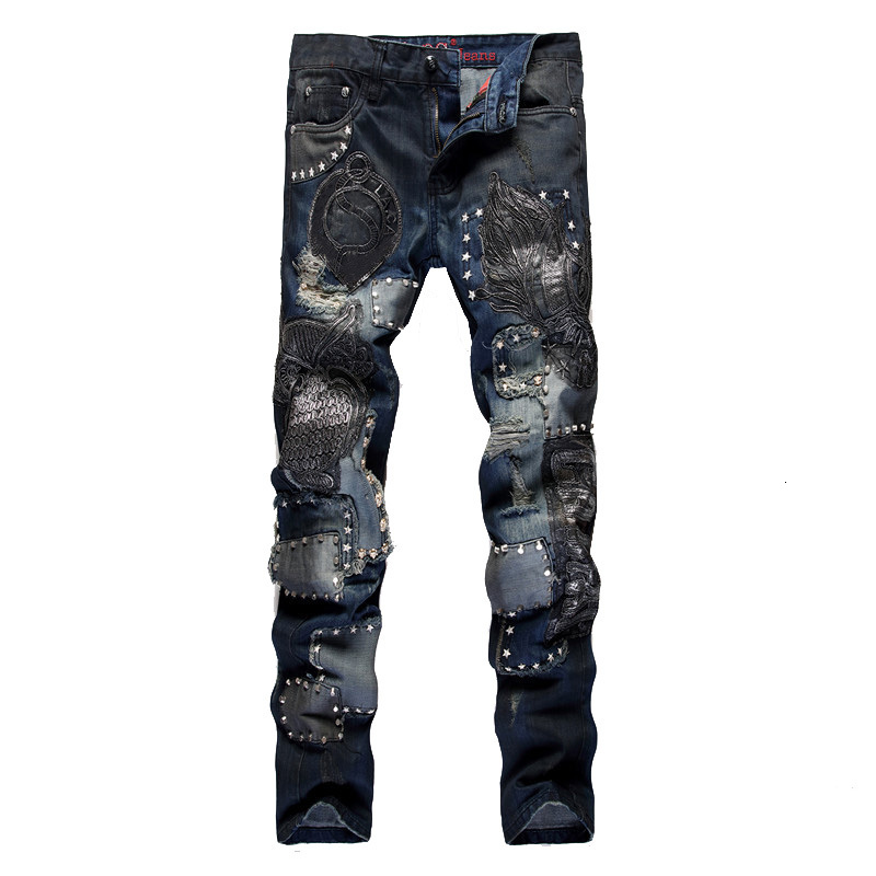 2021 New Men's Male Fashion Casual Owl Embroidery Slim Straight Jeans Rivet Patchwork Denim Pants Trousers 3ct3, Blue
2021 New Men's Male Fashion Casual Owl Embroidery Slim Straight Jeans Rivet Patchwork Denim Pants Trousers 3ct3, Blue