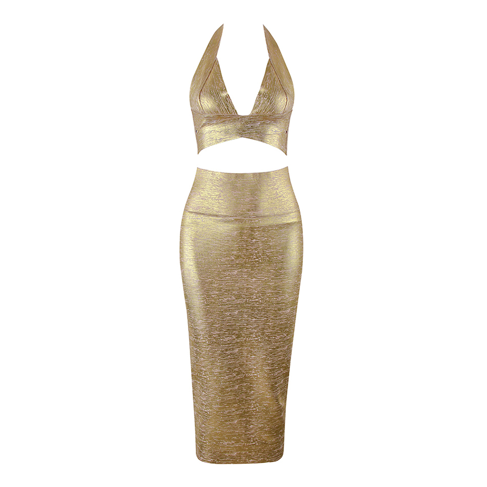 Summer Women's Two-Piece Bandage Dress Celebrity Party Sexy Bodycon Top Gold V-neck Knee Skirt Set Vestidos 210525