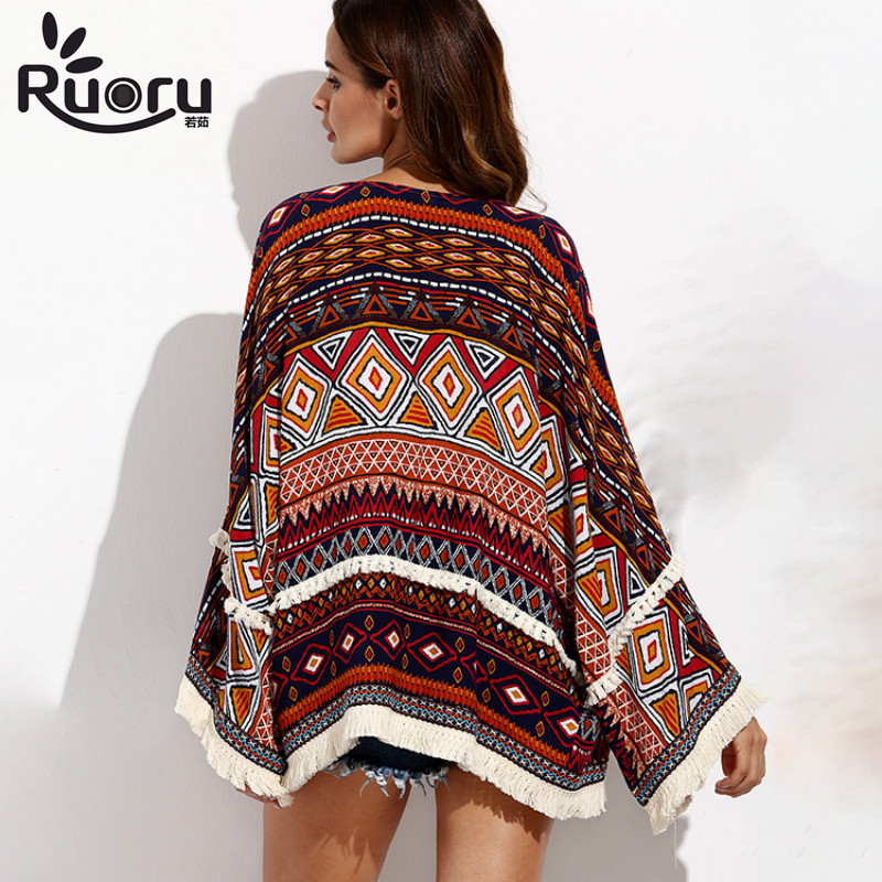 Ruoru New sunscreen clothing women's summer swimsuit cover up large size women blouse shirt top boho fringe kimono beach cape 210225