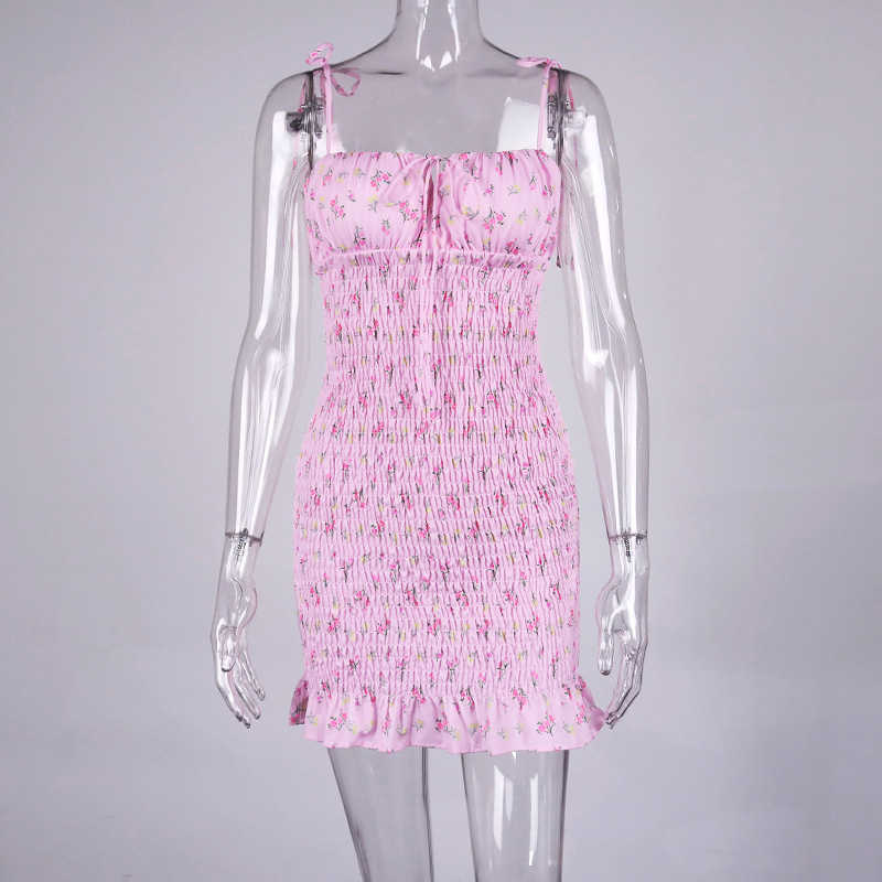 DEAT Spring Summer Fashion Sexy Off Shoulder Floral Lace Up Pleated Ruffle Suspender Short Dress Women SK771 210709