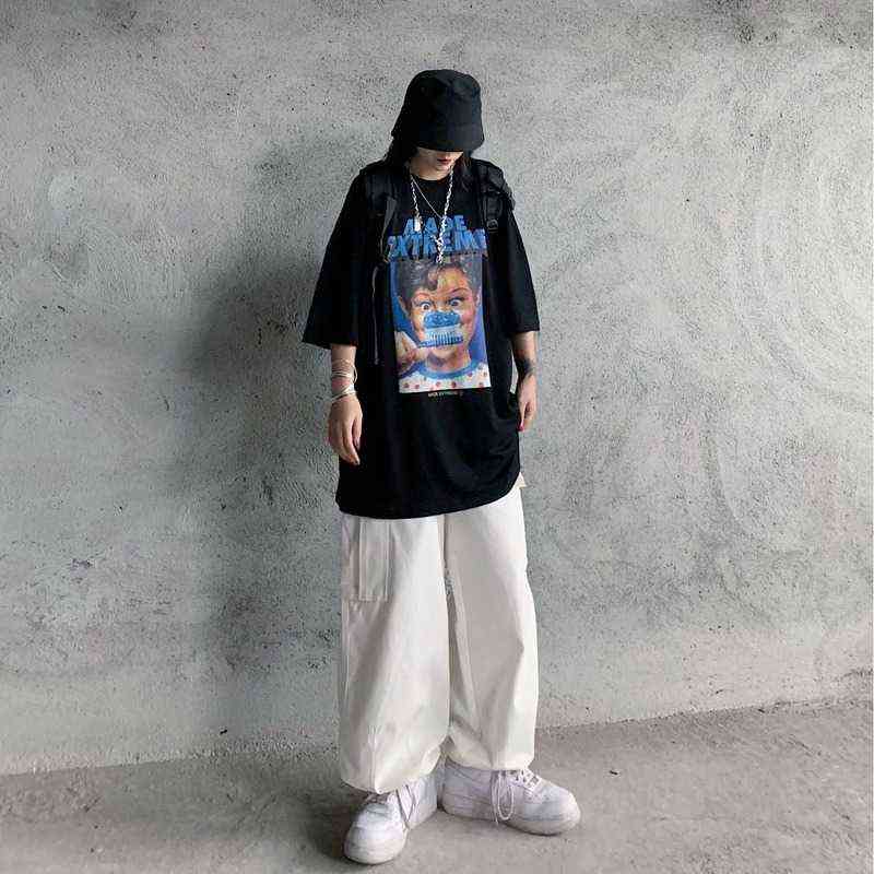 QWEEK Harajuku White Cargo Pants Women Vintage HIgh Waist Hip Hop Streetwear Pockets Straight Joker Black Trousers For Female 211115