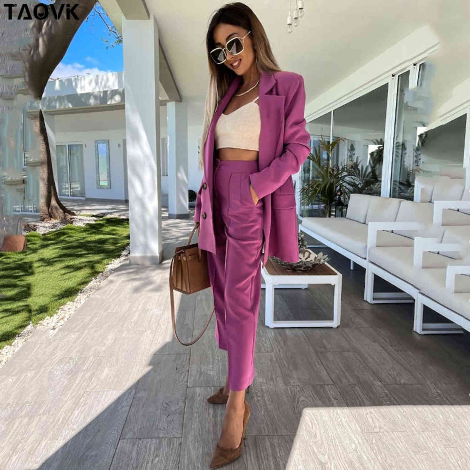 TAOVK Women office Pant Suit Double breasted Full Sleeve Blazers Jacket+Wide leg Pant Two Pieces Set Lady Outfits Work Clothes 211118