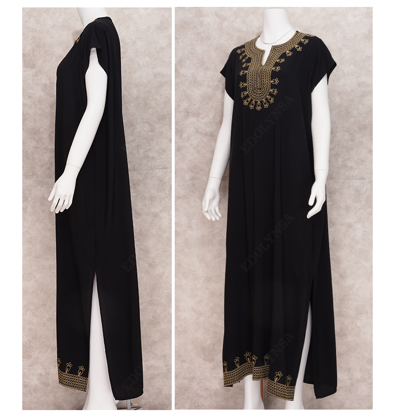 100% Cotton Elegant Embroidered Mandarin Collar Short Sleeve Side Split Summer Dress Women Street Wear Casual Maxi Dress N1154 210303