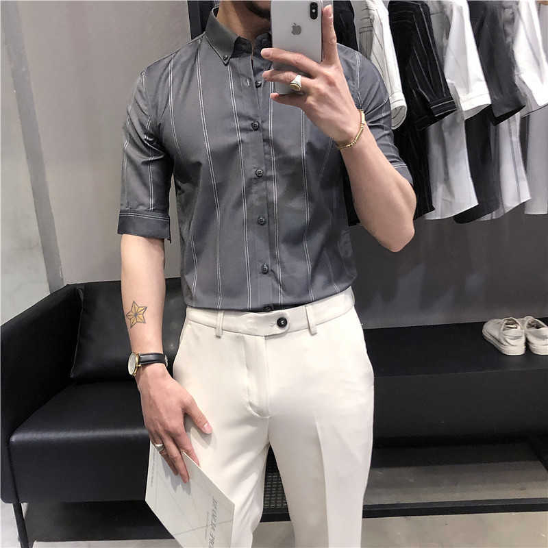Summer Striped Shirts Men 3/4 Sleeve Business Dress Shirts Slim Fit Casual Office Shirt Social Streetwear Male Clothing Camisas 210527