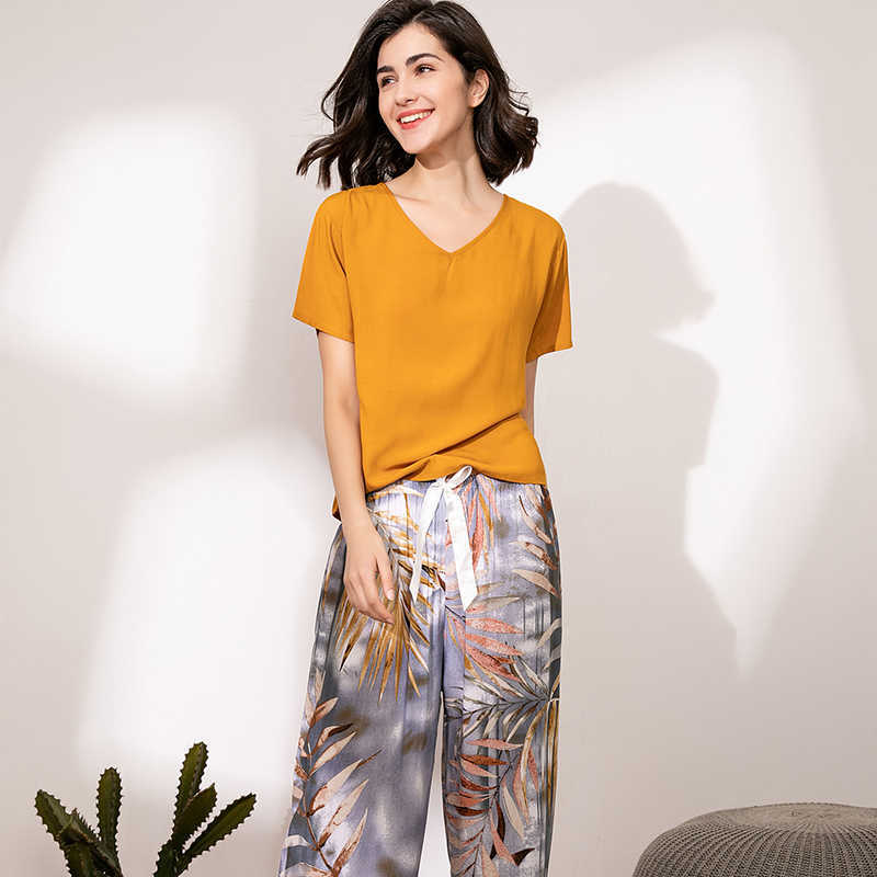 Summer Pajamas Set Women Sleepwear Female Casual Floral Printed Contrasting Color Pyjamas Tops with Long Trousers Home Clothing 210924