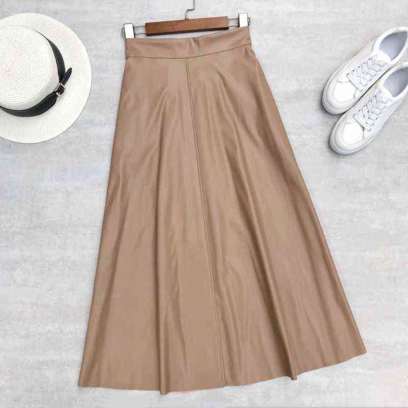 Neophil 80cm Pockets Winter Women Pu Faux Leather Skirts High Waist Elastic Latex Female Chic Flare Long Skirt S21847 211119