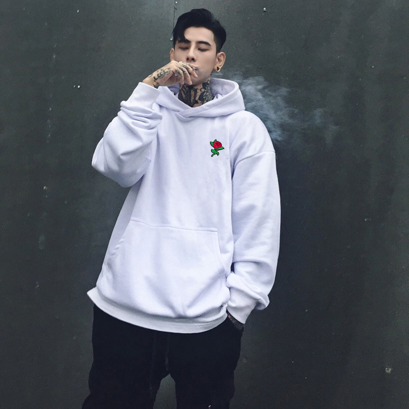 Autumn Winter Rose Hoodies Men's Sweatshirts Rose Embroidery Cotton Men Women Oversize Hoody US Size XSXL 201020