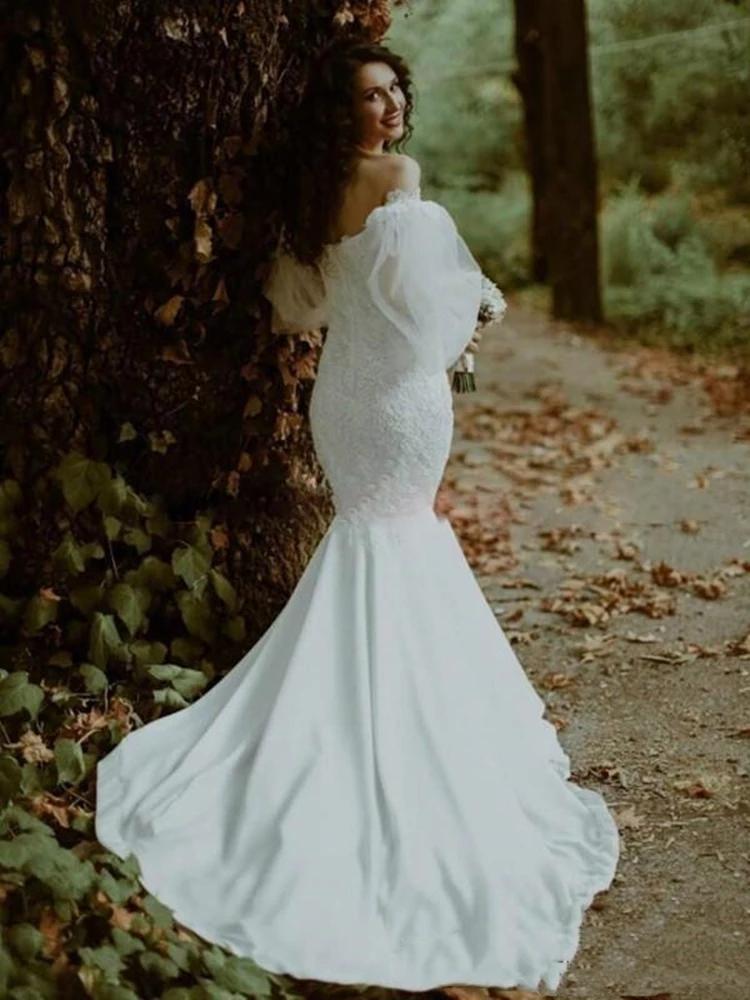 Wedding Mermaid Dresses Bridal Gown with Overskirt Long Poet Sleeves Off the Shoulder Lace Applique Sweep Train Custom Made Plus Size Vestidos De Novi