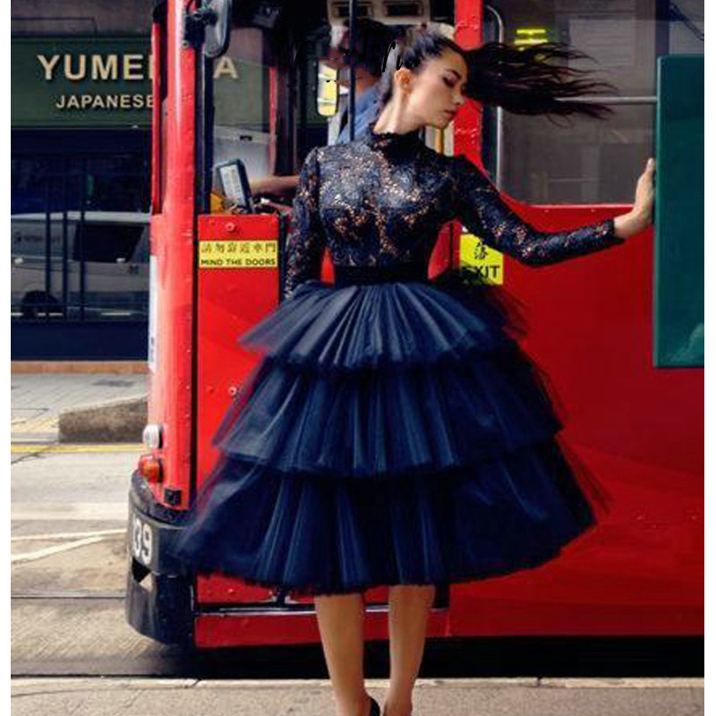 Sexy Illusion Short Navy Puffy Prom Dresses Tiers Skirt High Neck Long Sleeves A-Line Cocktail Party Dress Holiday Club Homecoming Gowns