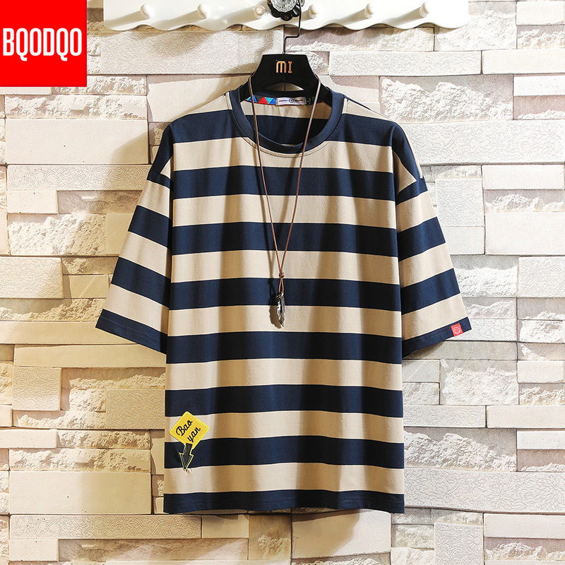Oversized Hip-hop Casual Fashion T-shirt Male Cotton Short Sleeve Stripe Fitness Tee Men Blue Summer Streetwear Harajuku T shirt T200219