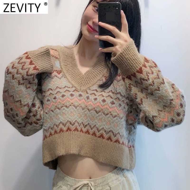 Zevity Women Vintage V Neck Long Sleeve Print Short Knitting Sweater Female Retro Patchwork Casual Chic Pullovers Tops S522 210603