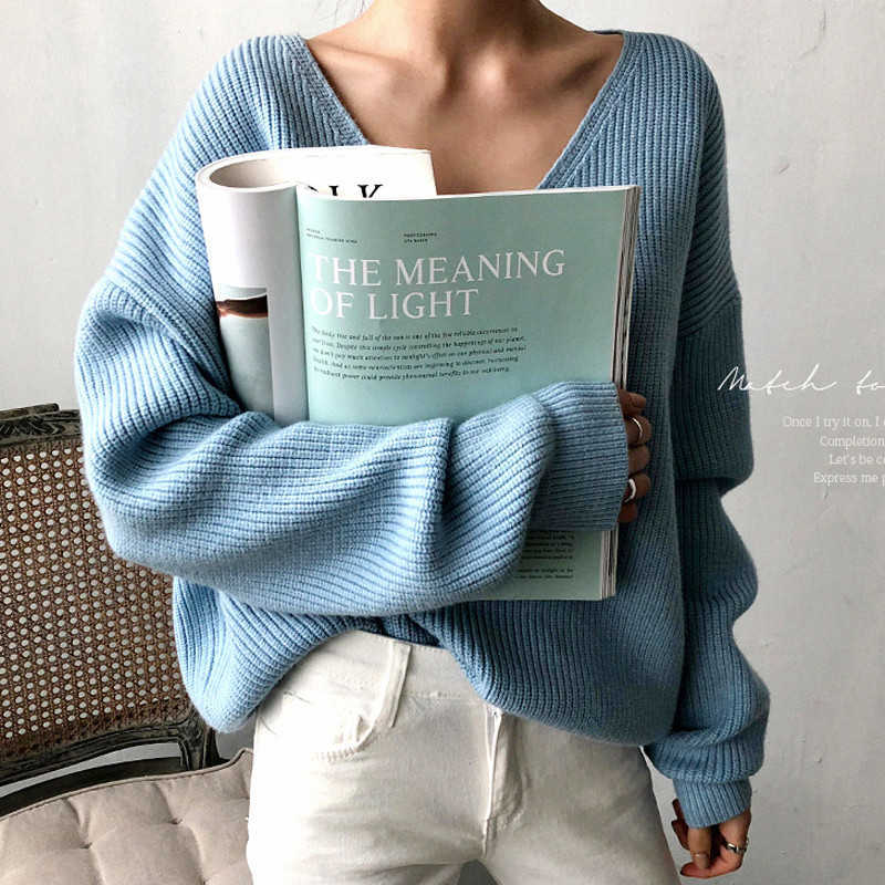 Aachoae Womens Sweaters Autumn Winter Casual V Neck Women Pullover Sweater Solid Long Sleeve Loose Knitted Cashmere Top 210914