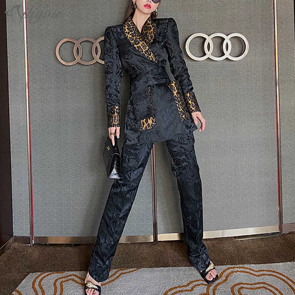 Summer Suit High Quality Leopard Print Lapel Belt Blazer + Jacquard Long Two-Piece Pants Sexy Office Lady Set 210527