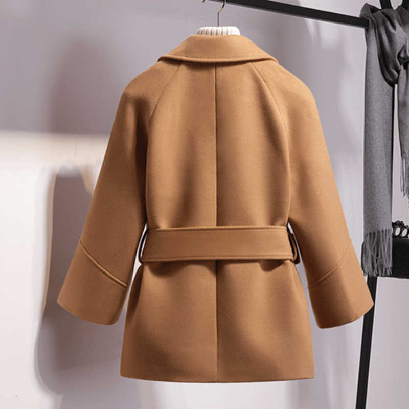 Ly Varey Lin Women Short Woolen Coat Belt Jacket Turn-down Collar Casual Loose Trench Coats Female Plus Size Outerwear 210526