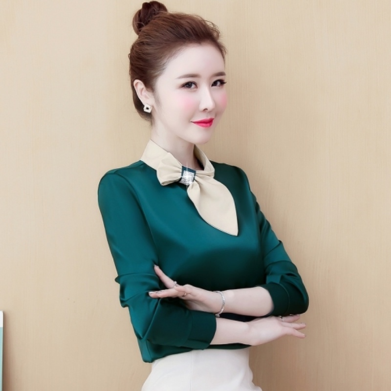 Spring New Women Simulation Silk Long Sleeve Chiffon Blouse Elegant Satin Bow Metal Buckled Temperament Women Shirt Blusas 8109 210225