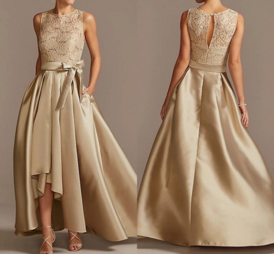 High Low Champagne Mother of the Bride Dress Bow Plus Size Elegant Vintage Top Lace Ankle Length Satin 2022 Groom Party Gown
