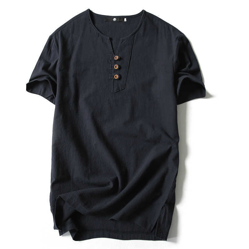 Men T Shirt Summer Men Cotton Tshirts Casual Short Sleeve Chinese Style Vintage V Neck Tees Plus Size Oversize Black White Tops 210715