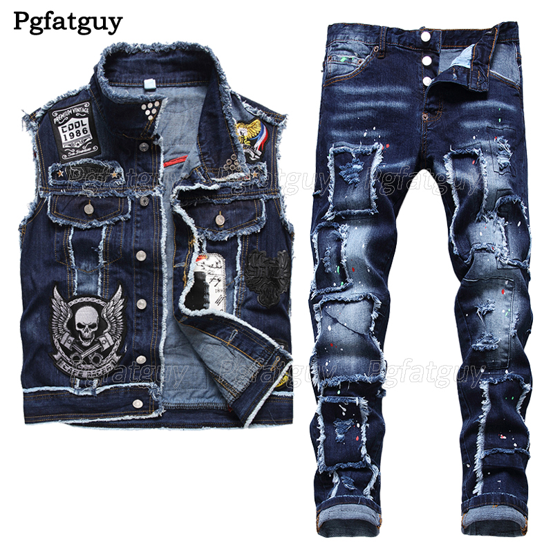 Autumn Tracksuits Blue Mens Denim Two Piece Set Casual Embroidery Skull Vest and Ragged Paint Patch Stretch Jeans 2PCS Sets Conjuntos De Hombres, Vest and jeans 888.1085
Autumn Tracksuits Blue Mens Denim Two Piece Set Casual Embroidery Skull Vest and Ragged Paint Patch Stretch Jeans 2PCS Sets Conjuntos De Hombres, Vest and jeans 888.1085