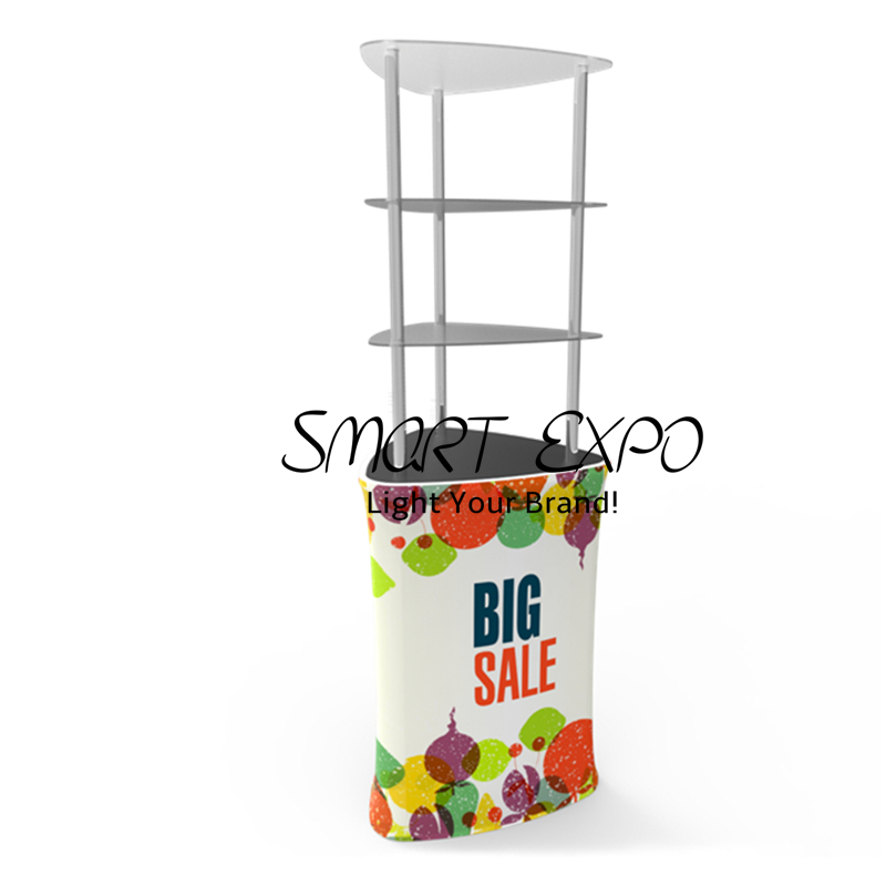 Triangular Exhibition Counter Rack Advertising Display with HDF Top-Bottom Boards Thick Aluminum Tube Tension Fabric Printed Graphic Portable Bag