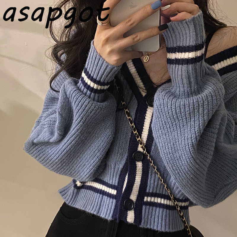 Korean Chic Autumn Loose Short V Neck Lazy Long Sleeve Striped Sweater Women Coat Clothes Thick Warm Crop Cardigan Casual Retro 210918