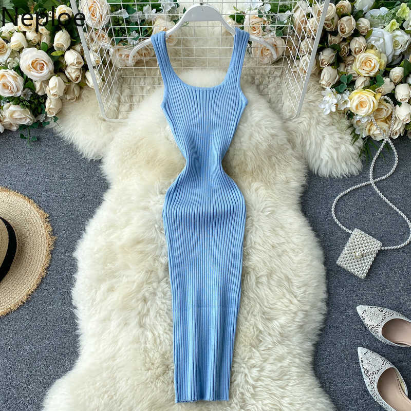 Neploe Knitted Dress Women Fashion Square Collar Sleeveless Tank Ladies Vestidos Elegant Slim Stretch Waist Bodycon Dresses 210630