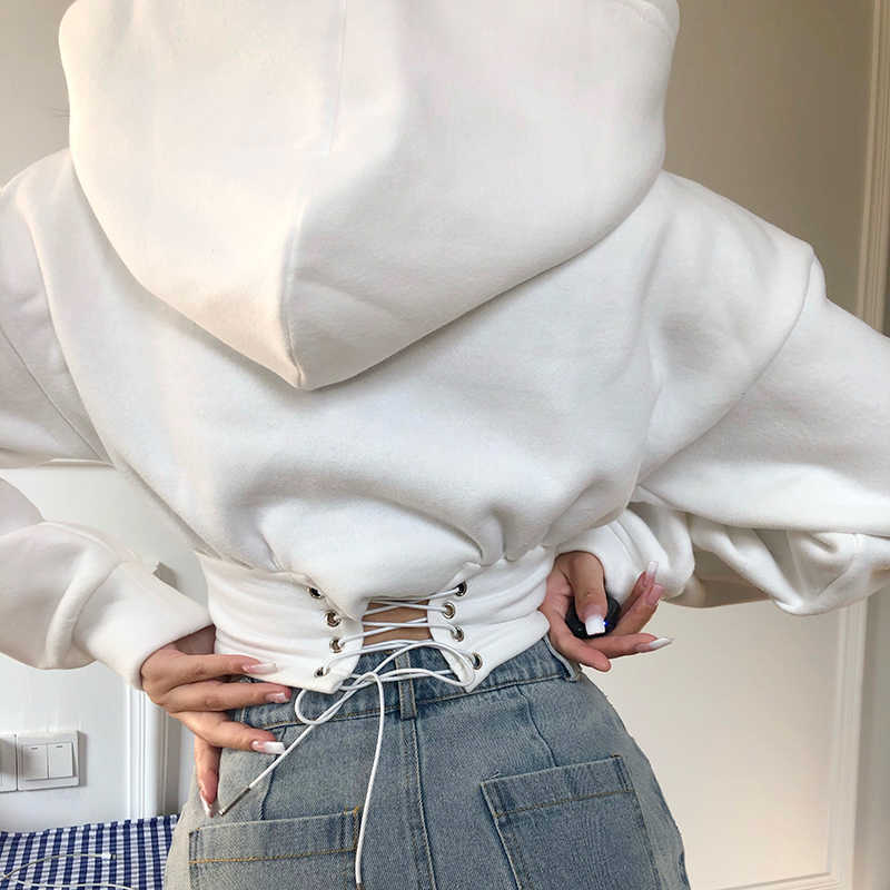 ZHISILAO Crop Tops Warm Woolen Sweatshit Women White Letter Print Hoodies Winter Sexy Corset Pullover Hooded Streetwear 211008