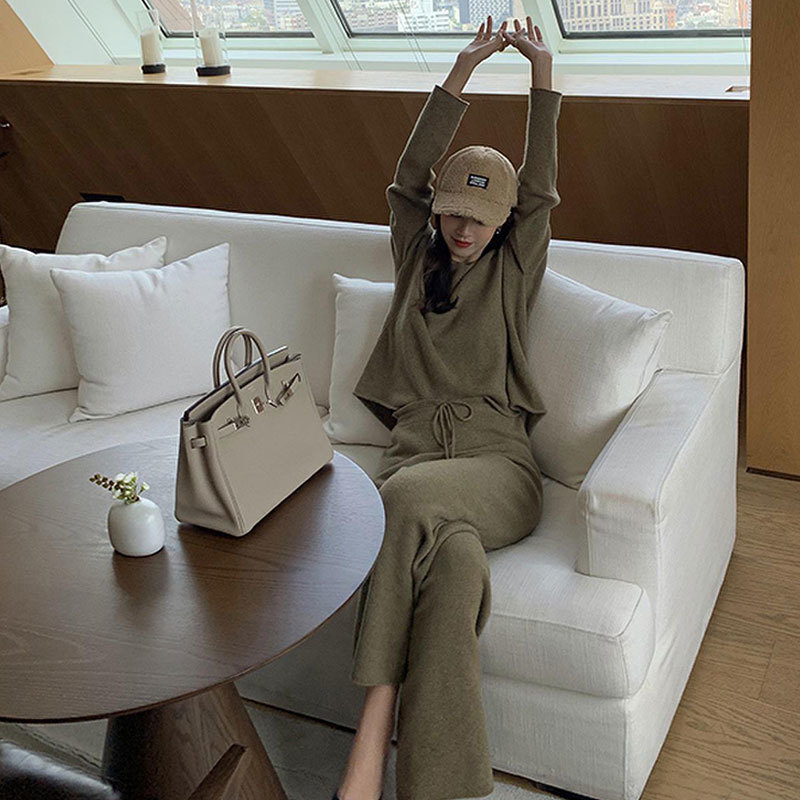 JXMYY spring autumn knit sweater hooded women tracksuit long sleeve cashmere pullovers elastic pants suit sporting set P611 210304
