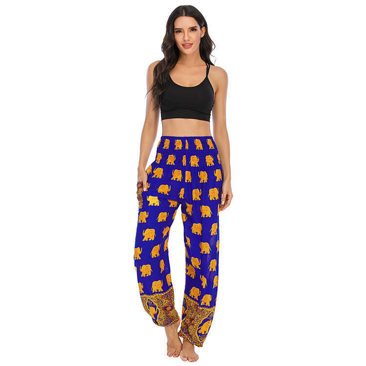 Bohemia Ladies Golden Elephant Printed High Waist Pants Thailand Elastici Jogger Woman Trouser Summer Thin Harem 210604