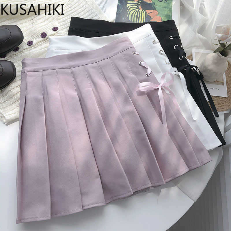 Korean Side Cross Bow Tie Skirts Womens High Waist Pleated A-line Mini Skirt Causal Faldas Mujer Moda 6G352 210603