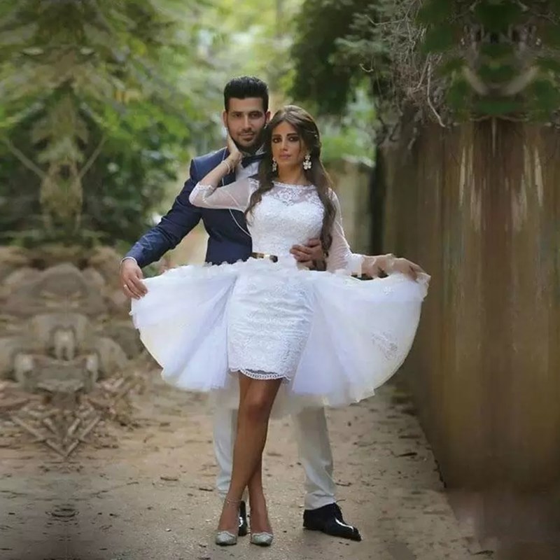 Sexy Two Pieces Wedding Dress Knee Length With Detachable Train Sheer Long Sleeves Bridal Gowns Lace Tulle Short Party Dresses