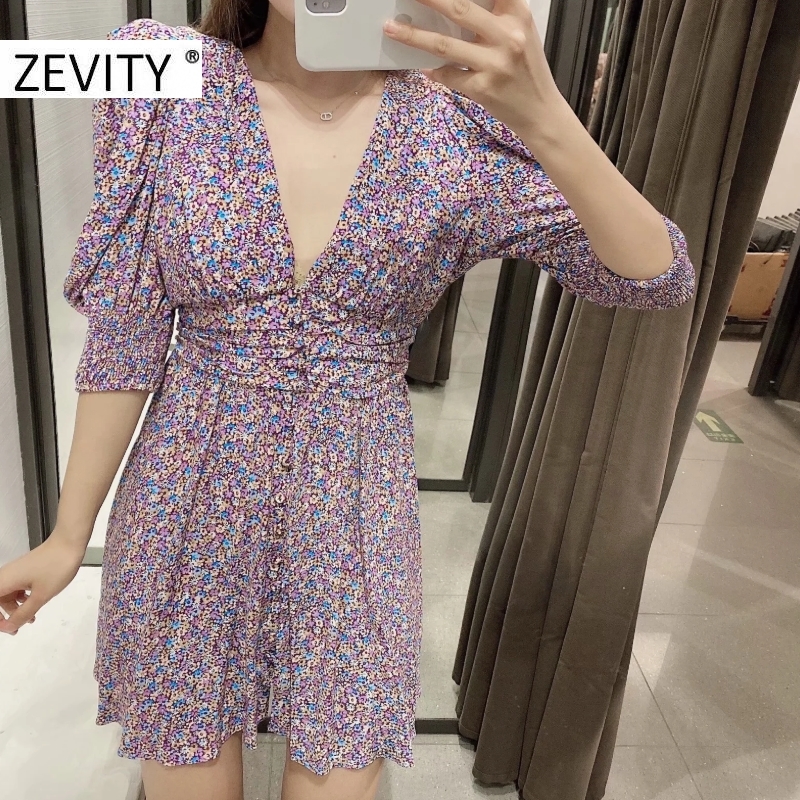 ZEVIT New Women Vintage Pleats Puff Sleeve Floral Print elastic waist mini dress Ladies Deep V Neck padded casual Dresses DS4249 210309