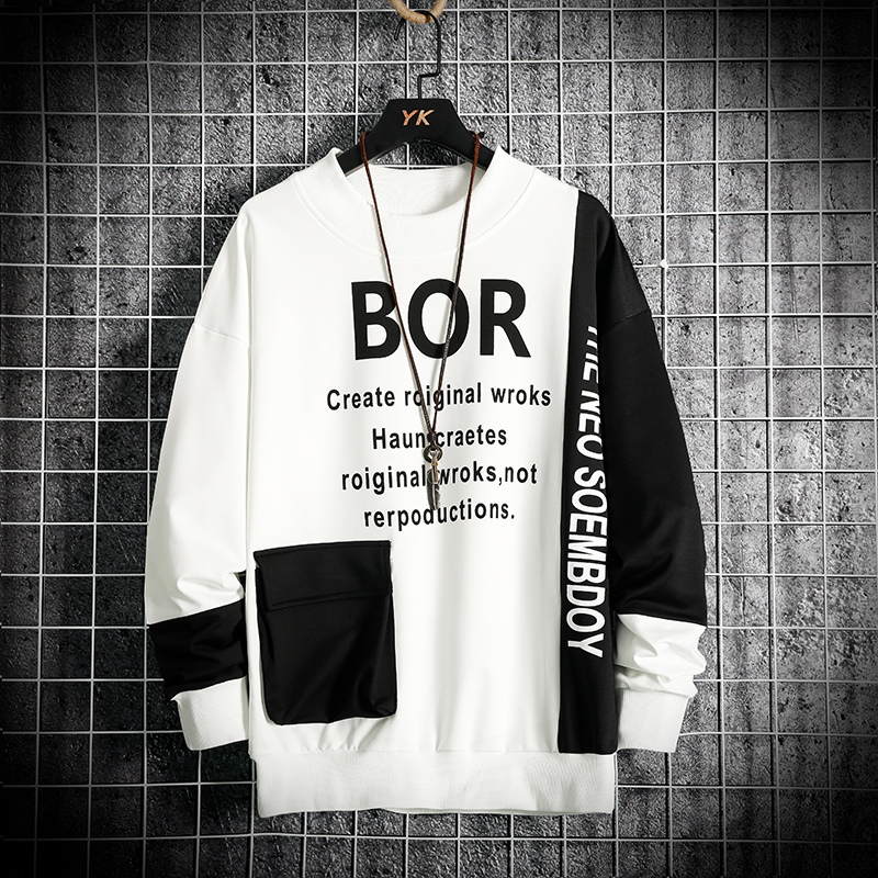 Letter Printed Sweatshirt Men High Street Hoodie Mens Fashion Patchwork Sweatshirts with Pocket Male ONeck Casual Top 201020