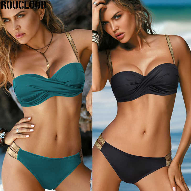 Sexy Solid Color Bikini Women Swimwear Bandeau Biquini Swimsuit Female Bathing Suit Push Up Set Beachwear 210625