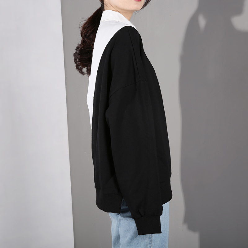 [EAM] Loose Fit Black Contrast Color Irregular Sweatshirt New Lapel Long Sleeve Women Big Size Fashion Tide Spring LJ201130