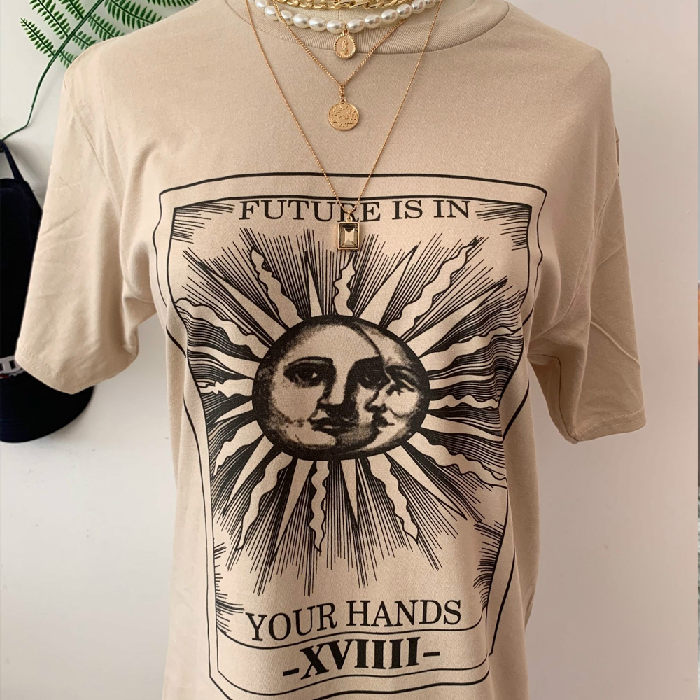 Tarot Cards Printed Casual Loose T Shirt Women Beige Vintage Fashion Grunge Streetwear Style Aesthetic Shirt 210306
