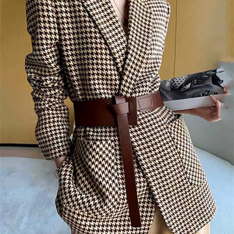 HARLEYFASHIION Casual Temperament Light Ripe Wind Plaid Suit Jacket Women Notched Single Breasted With Sashes Fshion Blazer 211122