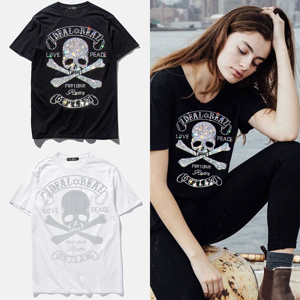 New Summer Women's Skulls Rhinestones t shirt Hip Hop Rock Hipster t-shirt High Quality Diamonds Print White Black Fashion Tops 210306