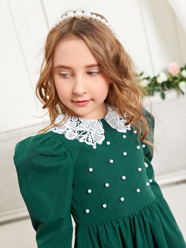 Girls Gigot Sleeve Pearl Beaded Guipure Lace Detail Dress SHE