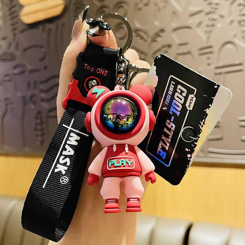 Cartoon Play Lightning Bear Keychain Cute PVC Astronaut Bear Doll Keyring Bag Pendant Couple Car Keyholder Creative Accessories G1019