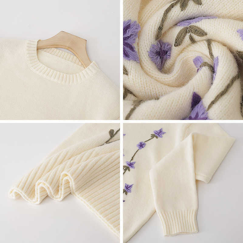 Girly Embroidery Purple Floral Pullover Sweater O-Neck Long Sleeve Fall Winter Loose Pullover C-103 210918