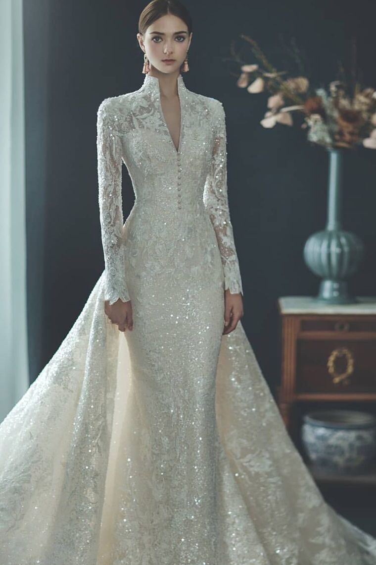 Elegant Mermaid Bridal Gowns High Neck Long Sleeves Custom Made Applique Race Wedding Dresses Court Train Satin Ruched Tulle Beach Vestido De Noiva