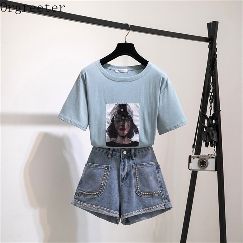 Fashion Portrait Appliques Mesh Patchwork Beaded Cotton Tshirt Women's Suit Short-sleeved Tees + Rivet Denim Shorts 2 PCS Sets 210602, Only blue tshirt
Fashion Portrait Appliques Mesh Patchwork Beaded Cotton Tshirt Women's Suit Short-sleeved Tees + Rivet Denim Shorts 2 PCS Sets 210602, Only blue tshirt
