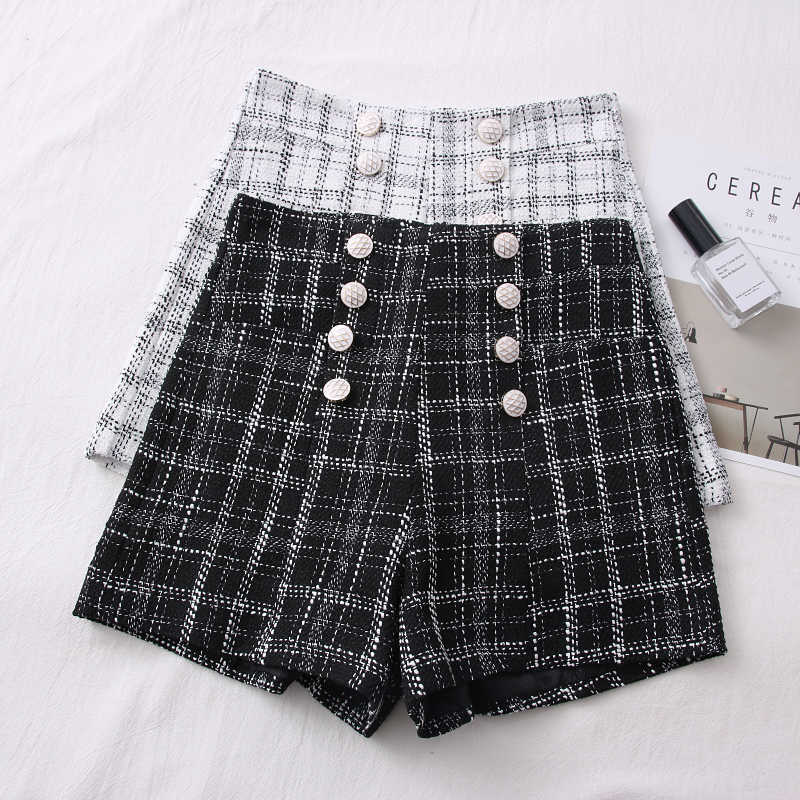 High Waist Tweed Shorts Women Casual Loose Ladies Fashion Spring Autumn Slim Button All-match 210714