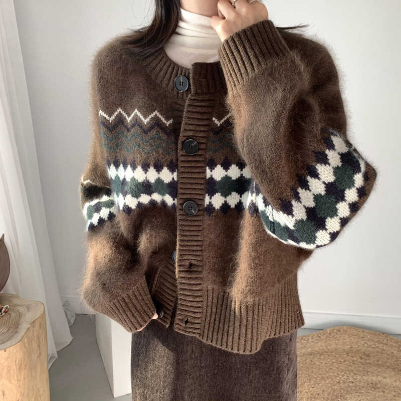 H.SA Women Casual Sweater Cardiganss Long Sleeve Soft Warm Ladies Knitted Jumper Tops Argyle Vintage Cardigan Sweater Female 210716