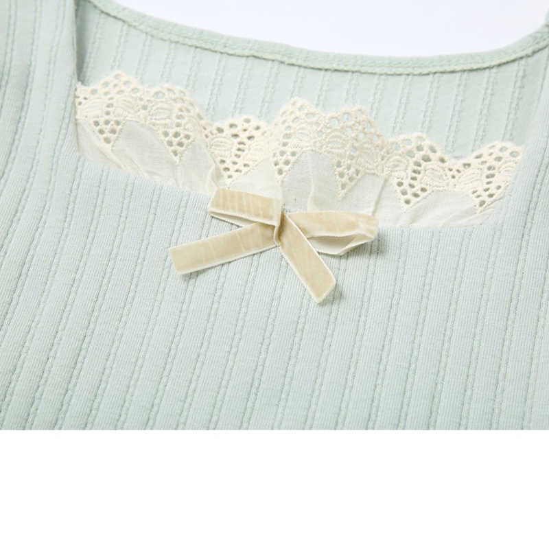 Square Collar Short Sleeve Crop Tops Women Summer Korean Fashion Patchwork Lace Slim Lady Green Knitted Pullovers 210918