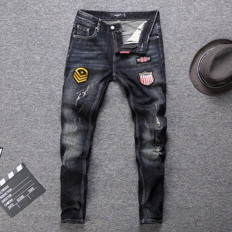 2021 New Fashion Streetwear Retro Black Blue Color Slim Fit Patches Designer Ripped Men Punk Pants Hip Hop Jeans Homme Oxq2
2021 New Fashion Streetwear Retro Black Blue Color Slim Fit Patches Designer Ripped Men Punk Pants Hip Hop Jeans Homme Oxq2