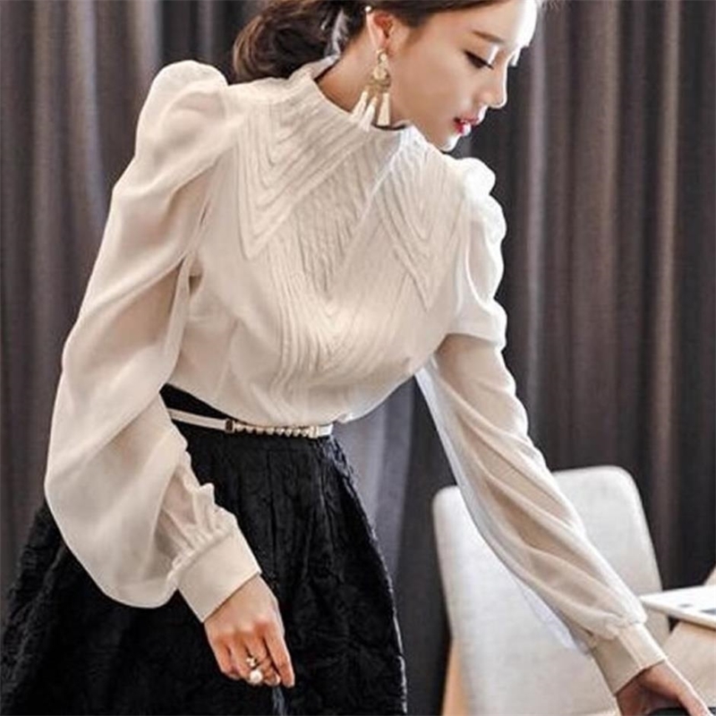 New spring autumn Women puff Sleeve Stand Collar Chiffon Blouses office Ladies tops shirt plus size 2XL T200502